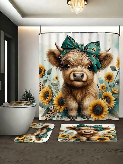 1/3/4件套蝴蝶向日葵乡村风浴室套装，清新舒适，充满夏日气息，家居装饰，浴室帘，浴室配件套装，包含浴帘、U型马桶垫、防滑浴垫、马桶盖套和12个浴帘挂钩，是母亲节礼物和开学季的理想之选。