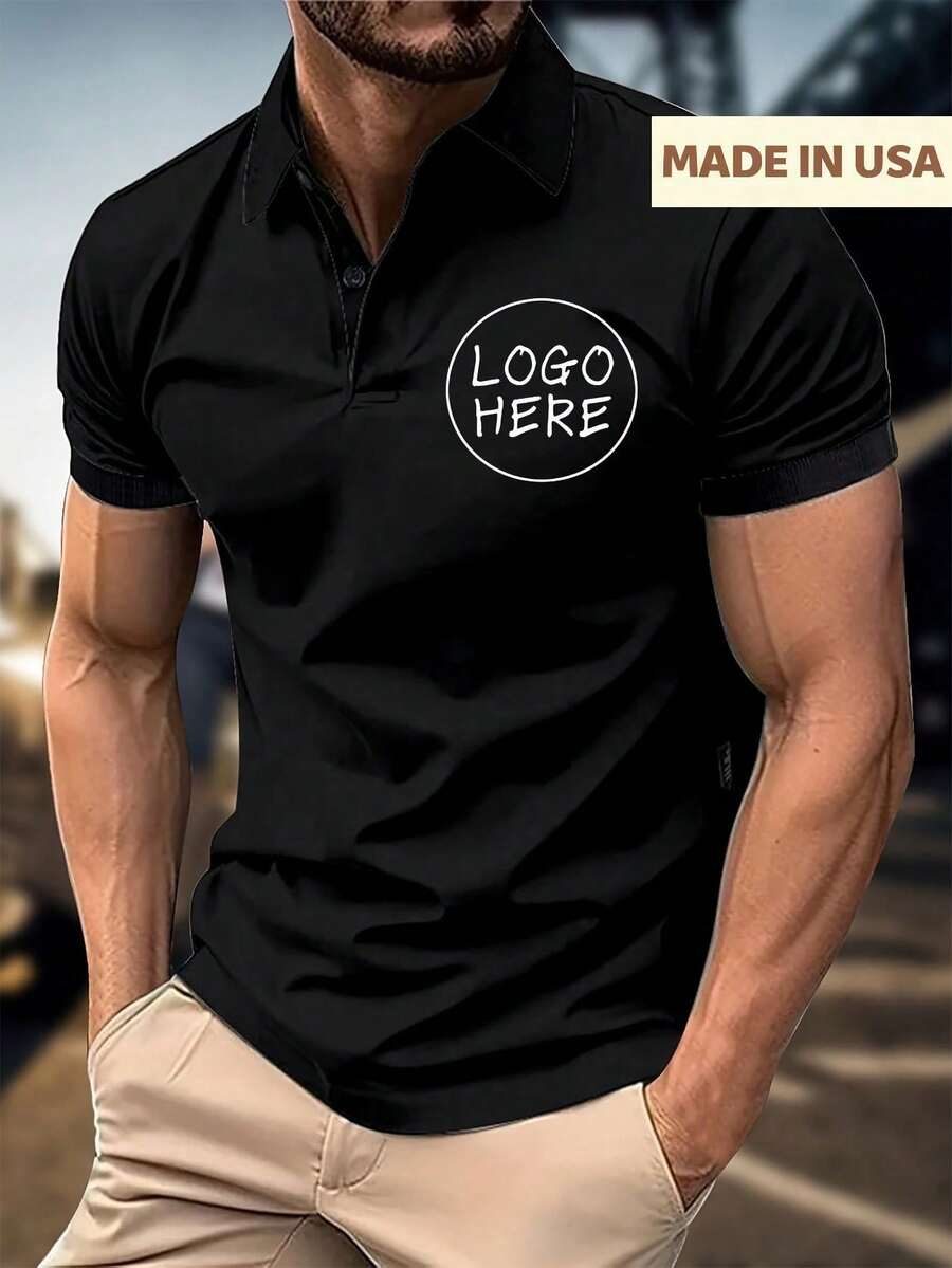 Customizable Men'S Polo Shirt - Personalized Short Sleeve, Light Business Casual Design With "LOGO HERE" Placeholder, Perfect Gift For Friends, Family, Or Partner, Casual Summer Wear | Personalized Gift | Buttoned Collar Shirt - Black - View 1