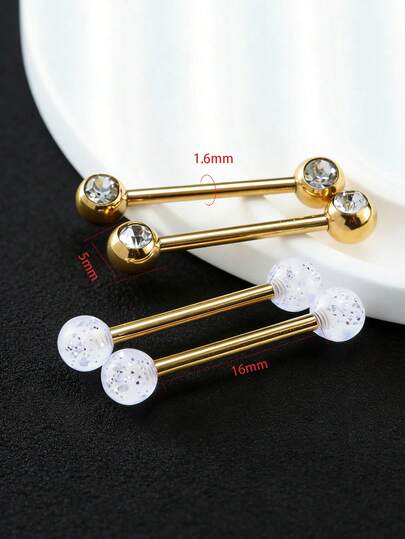 4pcs Stainless Steel Straight Barbell Crystal Tongue Rings 14g Nipple Rings Nipple Piercing Jewelry 16mm Nipple Bar Shield Body Jewelry For Women Tongue Ring Barbell Bar Stud