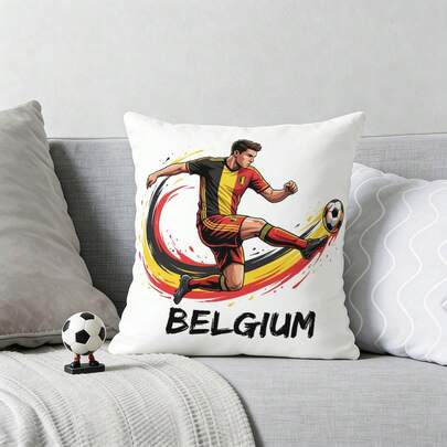 1pc 2D Flat Belgium Football Single-Sided Printed Throw Pillow Cover, Red Yellow Black Striped, Bedroom Cushion Cover (Pillow Insert Not Included)