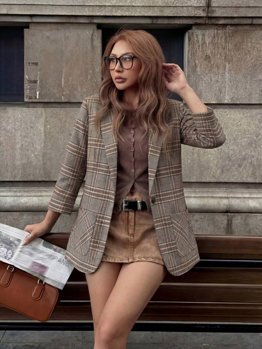 Áo khoác blazer kẻ caro kiểu retro thoải mái, tay lỡ 3/4, dáng suông tôn dáng, đa năng phù hợp đi làm, mặc hàng ngày, hẹn hò, áo khoác ngoài thường ngày mùa xuân. - Màu Khaki - Xem 1