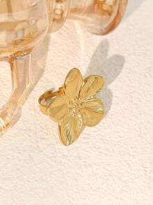 4pcs/Set Plumeria Earrings, Ring, Necklace Jewelry Set, Luxury Retro Elegant Necklace Set - Yellow Gold - View 6