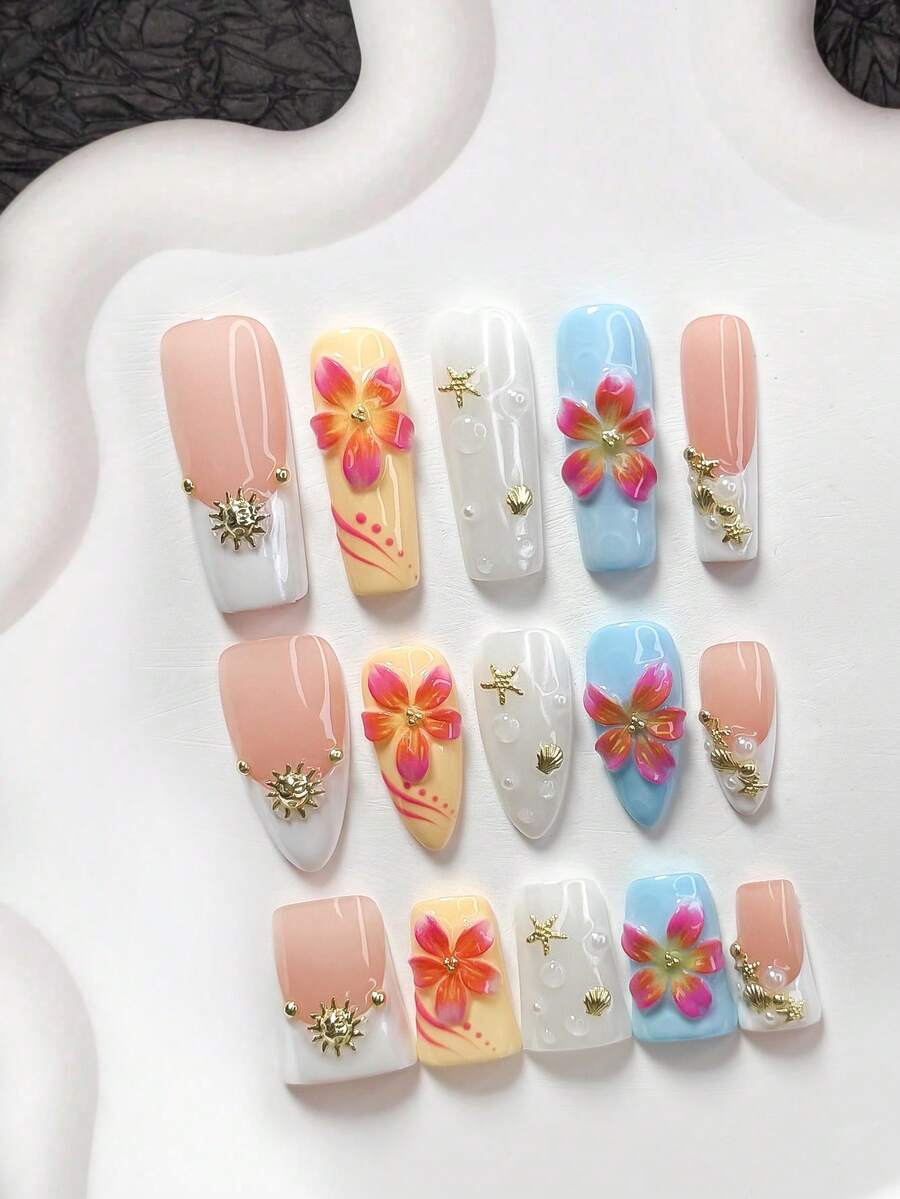 10件套度假风手工美甲套装，包含凝胶美甲套装、金色太阳、海星、扇贝美甲装饰、手工五瓣花美甲装饰、黄/蓝/紫三色指甲油，活力甜美风格，附赠美甲工具（1个果冻贴纸+1个指甲锉），三种形状可选：杏仁形、鸭嘴形、棺材形，适合派对、日常、聚会、拍照、春夏通勤等场合。 - 彩色 - 查看 1