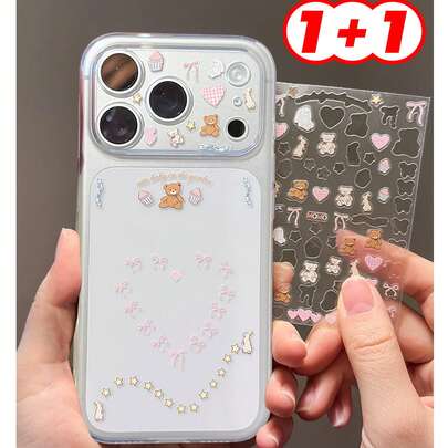 [2 trong 1] Ốp lưng điện thoại trong suốt chống rơi độ phân giải cao + Hình dán gấu dễ thương tự làm, dành cho iPhone 17Pro/17Pro Max, Chống vân tay/Chống chói/Chống trầy xước, Thời trang ngọt ngào và dễ thương