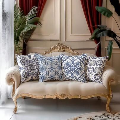 4 vỏ gối trang trí phong cách Bohemian hiện đại họa tiết hoa xanh dương, siêu mềm mại và thoải mái, bán chạy nhất, dùng trang trí nhà cửa cho ghế sofa, phòng khách, phòng ngủ, không kèm ruột gối.