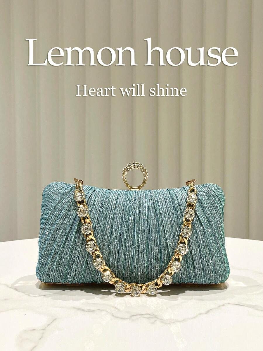 1pc Mint Green Shiny Pleated Elegant Small Clutch Bag, Formal Dress Bag With Rhinestone Chain, Fashion Clutch Purse For Evening Party, Wedding, Banquet, Suitable For Ladies