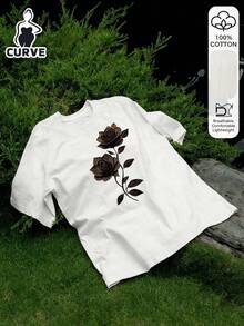 2026 Rose Print Plus Size Women's Casual Cotton Short Sleeve Top, Soft Fabric, Outdoor Wear, Oriental Aesthetic Street Style T-Shirt - 100% Premium Cotton Short Sleeve T-Shirt, 2026 Back To School Inspiration, First Day Of School , Fashion, Collegiate Style White Summer - White - View 4