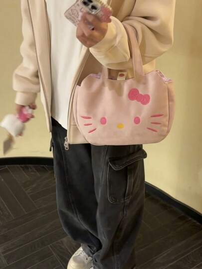 SANRIO 1 chiếc túi xách Hello Kitty màu xám hồng mới, kiểu dáng hoạt hình dễ thương, thẩm mỹ Kawaii, túi tote nhẹ, mềm mại, tiện dụng cho nữ, thích hợp đi làm hàng ngày, mua sắm, du lịch, hoạt động ngoài trời, thời trang đường phố.