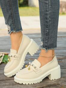 Giày đế cao và đế dày cho nữ, giày lười trang trí khóa kim loại, giày cao gót mới, giày Mary Jane, giày kiểu học sinh, giày lười mới, giày lười thường ngày, giày công sở cho nữ, giày cỡ lớn cho nữ, giày lười thiết kế khóa kim loại đính ngọc trai. - Màu be - Xem 4