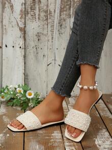 2024 Spring/Autumn Luxury Women's Flat Sandals, Low Heel Non-Slip Plus Size Rhinestone Slides, Versatile Slip-On Slippers For Outdoor Wear - Beige - View 5