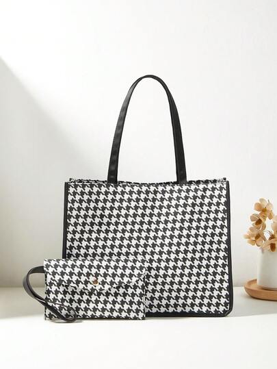 2026 New Houndstooth Pattern Tote Bag, Versatile Fashion Casual Handbag & Wallet Set