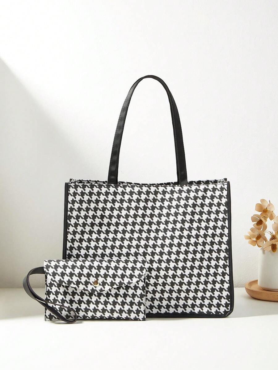 2026 New Houndstooth Pattern Tote Bag, Versatile Fashion Casual Handbag & Wallet Set - Multicolor - View 1