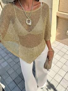 新款夏季女士金色金属针织开衫，露肩设计，不对称下摆，轻盈透气面料，略微宽松版型，适合各种身材，是度假或休闲场合的理想之选，展现波西米亚风情和性感魅力。 - 金色 - 查看 6