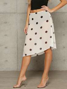 Women's Summer Sheer Chiffon Skirt Dot Print Asymmetrical Hem Midi Skirt for Travel, Beach, Shopping - Blanco - Ver 4