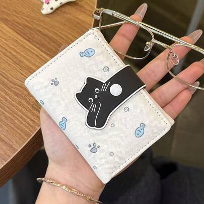 Cute Cat Design Compact Wallet, Korean Style Small Portable Multi-Function Card Holder Coin Purse