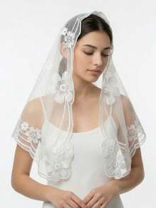 1pc Solid Color Floral Lace Mesh Embroidered Shawl Scarf,Beach,Holiday - White - View 3