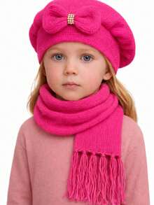 Children's Wool Beret And Scarf Set With Bow, Various Colors. - 玫紅色 - 查看 2