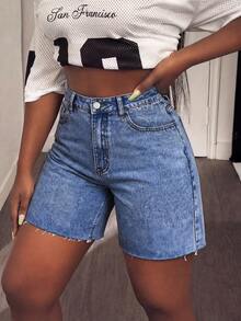 Plus Size Distressed Frayed Hem High Waist Stretchy Denim Capri Pants, Suitable For Dates, Outings, Summer Chic, Slimming, Retro Versatile All-Match Casual - Zhonglan - View 8