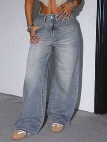 Women's Casual Loose Wide Leg Jeans With Pockets, Suitable For Daily Wear Spring - 老藍 - 查看 4