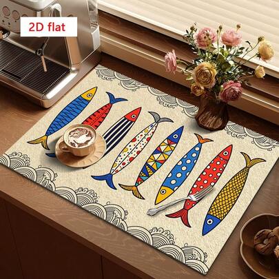 1pc Colorful Geometric Fish Shaped Dish Drying Mat, Highly Absorbent Suitable For Dining Table And Cafe, Multipurpose Drainage Pad, Home Gift, Desktop Decor