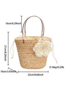 Bolso de paja estilo bohemio con acento floral - Bolso de playa de verano para mujer - Caqui - Ver 5