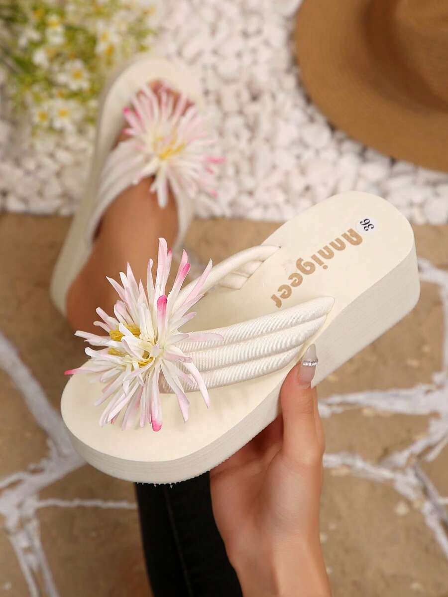 春夏EVA度假女神风坡跟拖鞋，沙滩花卉装饰女士厚底坡跟凉鞋