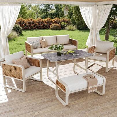 Garden Lounge Set For 6-7 People PE Rattan Seating Group Incl. Side Table Garden Sofa With Washable Cushions Adjustable Feet For Terrace Balcony Garden Beige