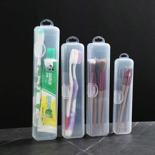 1pc Transparent Plastic Storage Box, Portable Cutlery Box With Hook, Makeup Box, Toothbrush & Toothpaste Storage Box, Straw Box, Spoon & Fork