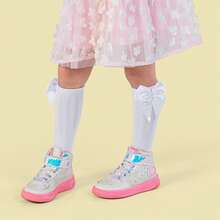 Children's 3/4 Party Socks 16-33 Satin Bow Long Shaft Youth Girl Baptism Wedding Flower Girl Social Dance Events Elegant Quality Soft Touch Coquette Korean Anime Schoolgirl - 白色和粉紅色 - 查看 6