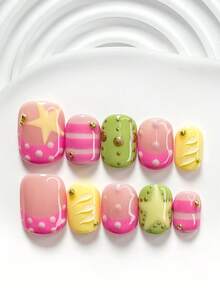 10pcs Spring Sweet & Cool Handpainted Nail Art Set, Including Gel Nail Kit, Yellow Star, Light Pink Polka Dot, Handpainted Water Wave Solid Color Nail Decor, Yellow & Green Nail Polish, Suitable For Party, Daily, Party, Photography, Date, Spring/Summer Commute Press On Nails - Nhiều màu - Xem 16