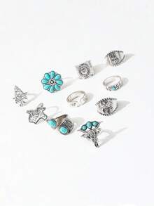 Set de 10 anillos vintage con turquesa falsa, anillos con diseño de cabeza de toro y árbol tallado en óvalo de turquesa falsa para mujeres - Plateado - Ver 5