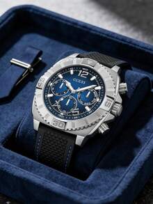 Guess Đồng hồ nam máy quartz – Vỏ và dây đeo bằng thép không gỉ màu bạc 46 mm, mặt số màu xanh lam với chức năng hiển thị giờ đa năng và dây đeo cao su màu đen, hiển thị ngày, GW0801G1 - Màu xanh lam - Xem 2
