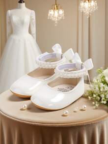 Nowe, płaskie buty Mary Jane dla dziewczynek, z kokardką, antypoślizgowa, miękka podeszwa z PU, buty do chodzenia dla małych dzieci, zdobione perłową satynową wstążką - Biały - Zobacz 16