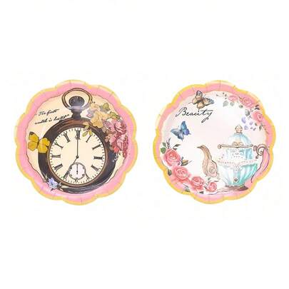 Bộ 10/20/40 đĩa giấy dùng một lần màu hồng 7 inch, họa tiết ấm trà và đồng hồ bỏ túi hoa hồng cổ điển với viền lượn sóng, đĩa giấy tiệc trà độc đáo cho tiệc mừng em bé, sinh nhật, tiệc trà dành cho nam và nữ.