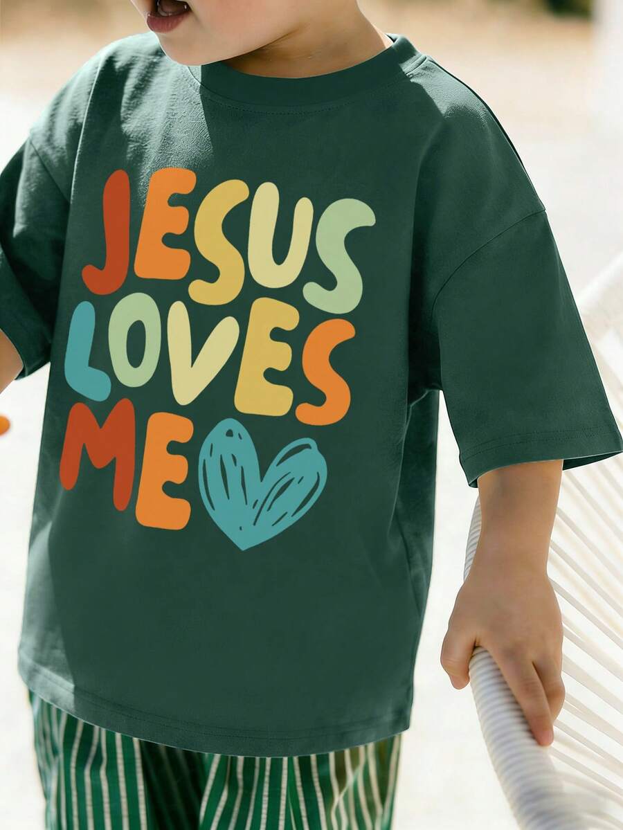 Camiseta de cuello redondo con estampado de corazón de moda para niño pequeño, primavera-verano 2024 - Verde Oscuro - Ver 1