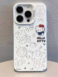SANRIO 1个可爱线条艺术Hello Kitty猫咪图案手机壳，时尚个性化防震保护套，适用于 17/ 17 Pro Max/ 16 Pro Max/ 15 Pro/ 14/ 13/12/11/XS/XR/8/7，可作为礼物送给家人、朋友、兄弟姐妹、伴侣 - 彩色 - 查看 3