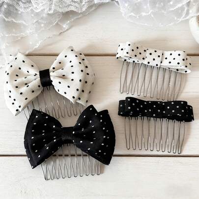 1pc/4Pcs Polka Dot Bow Hair Comb Set - Black & White Non-Slip Broken Hair Organizer Insert Combs, Vintage Bow Hair Clips For Women, Elegant Bangs & Fringe Fixed Hair Accessories For Daily Wear