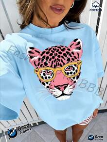 Pink Leopard Print Yellow Frame Glasses With Cheetah Head Print, Regular T-Shirt, 100% Cotton Fabric, 180 Grams, Orca Brand, Suitable For Casual Wear, Outdoor Outings, Sports, Holidays, Gifting, And Other Occasions. 100% Cottonsummer Outfits For Women,Vacation Outfits Women - 綠色 - 查看 8