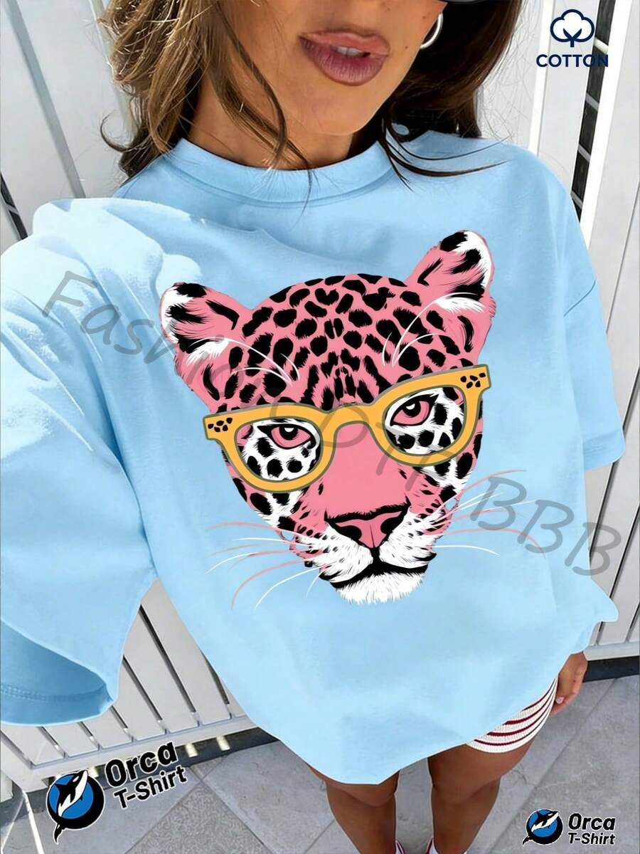 2026 New Women's Ocean Resort Style Short Sleeve T-Shirt, 100% Cotton Loose Fit, Colorful Tropical Fish And Starfish Decorative Print, Breathable And - 藍色 - 查看 1