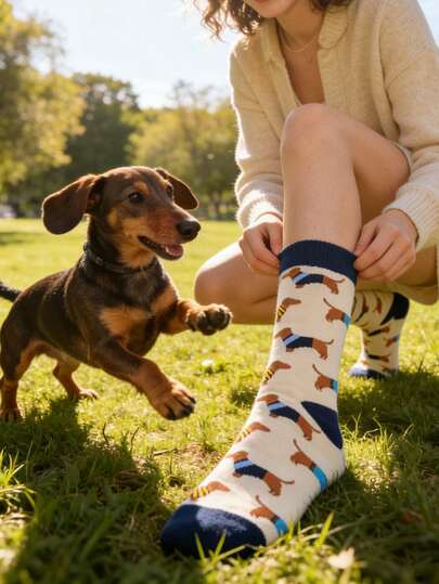 1 đôi tất nữ kiểu dáng thường ngày, họa tiết chó Dachshund ngộ nghĩnh và thời trang, dài đến bắp chân.