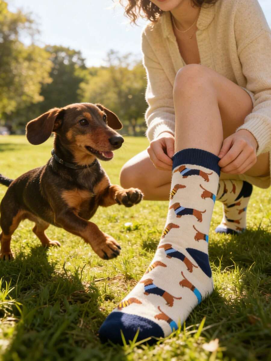 1 đôi tất nữ kiểu dáng thường ngày, họa tiết chó Dachshund ngộ nghĩnh và thời trang, dài đến bắp chân. - Nhiều màu - Xem 1