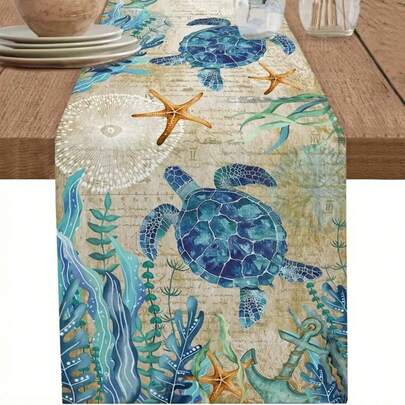 Khăn trải bàn hình rùa biển cổ điển, kích thước 13x72 inch, có thể giặt, chống trơn trượt, trang trí theo chủ đề đại dương, thích hợp cho nhà bếp kiểu nông trại, phòng ăn, tiệc tùng và các dịp lễ.