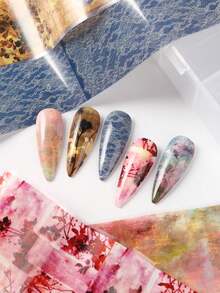 10片/包 复古宫廷风花叶蕾丝美甲箔转印贴纸 古诗水彩渐变大理石纹理剪影画 春夏浪漫婚礼美甲DIY美甲用品 女士及女孩适用（不粘手） - 彩色 - 查看 9