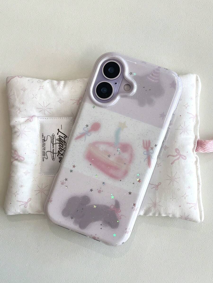 狗狗图案手机壳 1 件装，闪光粉蛋糕灰色小狗印花，可爱梦幻，适用于 17、 17 Pro Max、 16 Pro Max、 15 Pro、 14、 13、12、11。适合作为情人节礼物、生日礼物、母亲节礼物、复活节礼物送给家人、朋友、姐妹、男友。 - 蛋糕小狗 - 查看 1