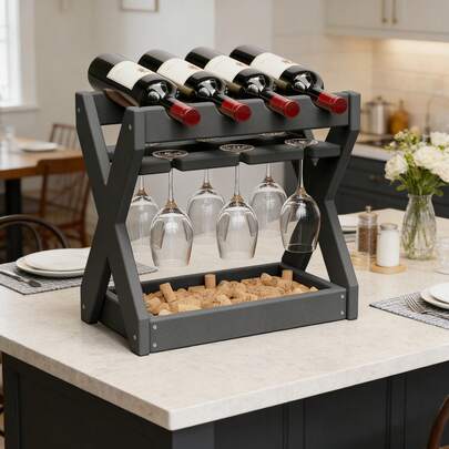Countertop 3-In-1 HDPE Wine Storage Rack, X-Shaped Stable Construction, 304 Stainless Steel Hardware, Holds 4 Bottles 6 Wine Glasses & Accessories, Assembles Easily In 10 Minutes