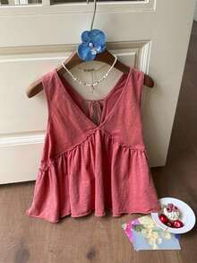 Summer Vintage Clothes Women Spliced A-Line Washing Retro Casual Washed Tank Top Boho Women Clothing - 紅木色 - 查看 4
