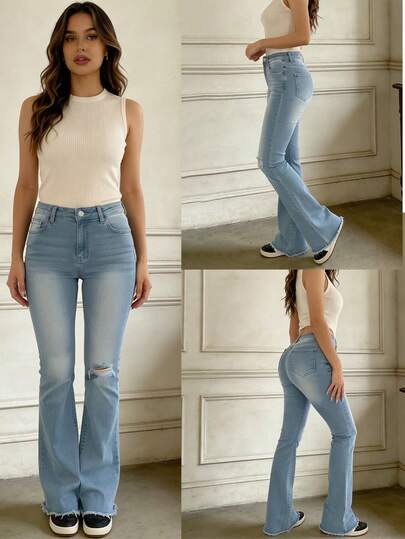 Quần jeans ống loe denim màu xanh nhạt dành cho nữ, điểm nhấn là các vết rách và đường viền thô, tạo nên phong cách thường ngày dễ thương và thanh lịch cho mùa xuân.