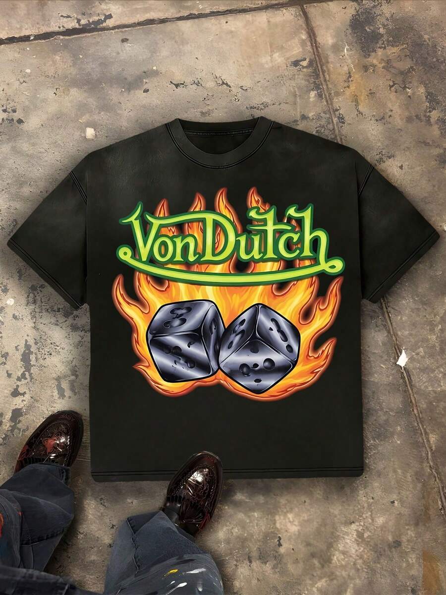 Von O Dutch Classic Flying Wings And Burning Dice Tops - Oversized Old Printed Washed T-Shirt. Men's 100% Cotton, Loose Fitting, Y2K Street Retro Casual Urban Aesthetics, 100% Cotton Pullover. Gifts Men Clothes Men Shirts Graphic Teens Men Vintage T Shirts Graphic Tees Tanktop - màu đen - Xem 1