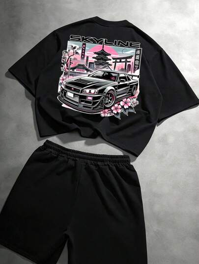  Conjunto de camiseta de manga corta y pantalones cortos deportivos con cordón de estilo casual y urbano para hombres Fractyr | Diseño exquisito | Estampado de coche de carreras y flor de cerezo | Imprescindible del verano - Muestra tu estilo