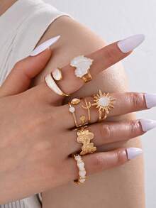 6件套波西米亚风简约时尚油滴向日葵叠戴戒指套装，适合女性、情侣、度假、约会、日常休闲、派对、情人节礼物 - 金黃色 - 查看 2